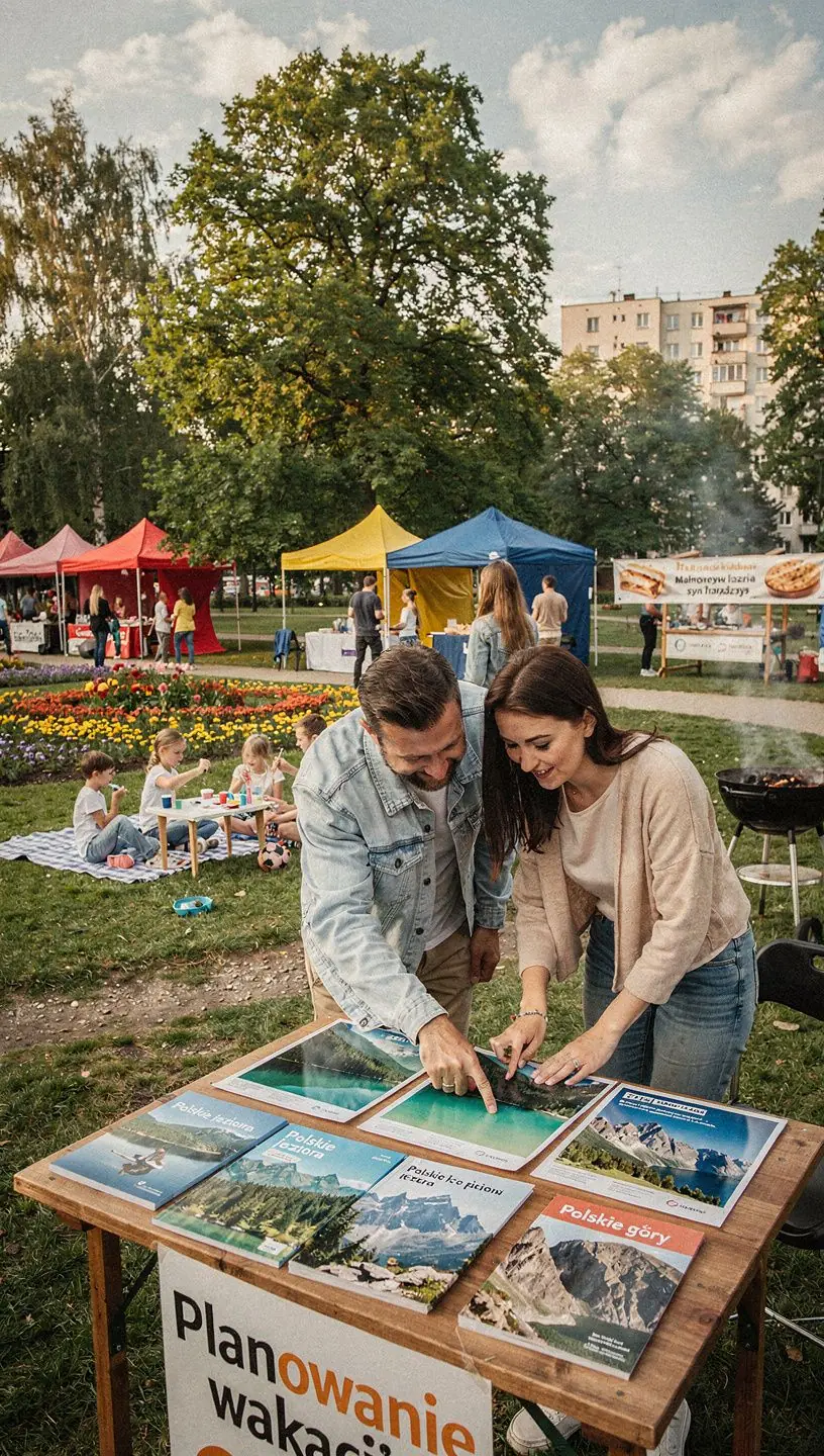 Rodzina omawiająca plan podróży z laptopem i mapą